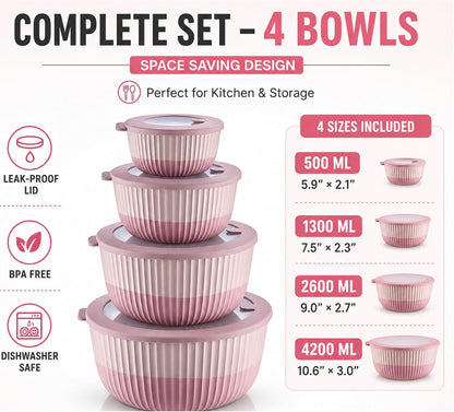 Plastic Mixing Bowls with Lids, 8-Piece Airtight Leak-Proof Nesting Bpa-Free Prep Bowl Set for Kitchen & Food Storage, 500Ml, 1300Ml, 2600Ml & 4200Ml, Microwave & Dishwasher Safe (Pink)3