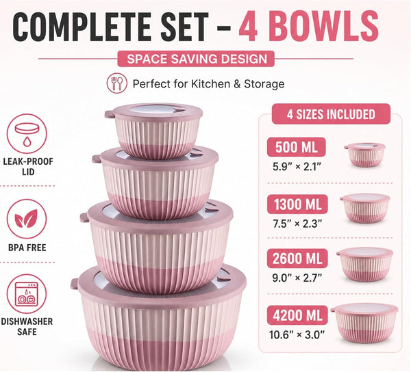 Plastic Mixing Bowls with Lids, 8-Piece Airtight Leak-Proof Nesting Bpa-Free Prep Bowl Set for Kitchen & Food Storage, 500Ml, 1300Ml, 2600Ml & 4200Ml, Microwave & Dishwasher Safe (Pink)3