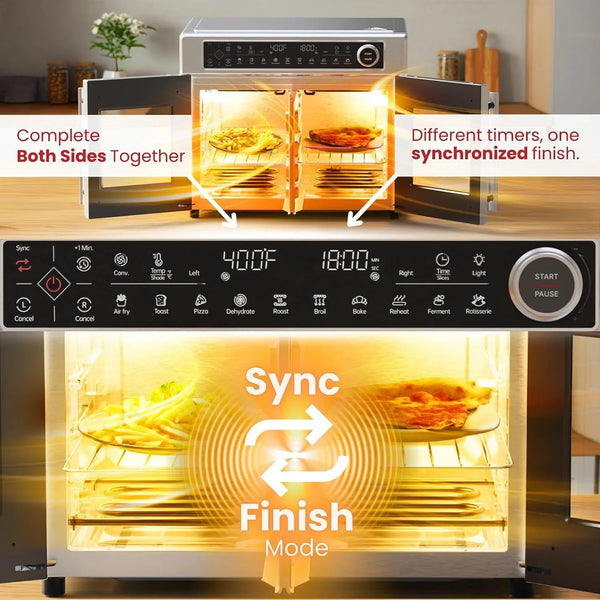 Ultra-Premium Dual-Zone Stainless Steel Air Fryer Toaster Oven Combo, Extra Large 32QT French Door Convection Oven with Next-Gen Patent Technology, 13 Accessories, Rotisserie, Sync Finish3