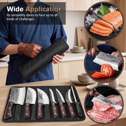 Butcher Knife Set with Roll Bag, Hand Forged Sharp Kitchen Knife Set | High Carbon Steel 7PCS Meat Cleaver Knife, Bone Chopper Knives, Fillet Knives for Kitchen, Camping BBQ, Gift for Men7