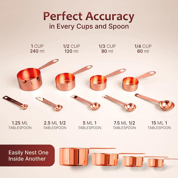 Measuring Cups and Spoons Set of 9, Utensils for Dry and Liquid Ingredients, Copper Kitchen Accessories, Rose Copper Decor for Home, Stackable, Sturdy Stainless Steel6