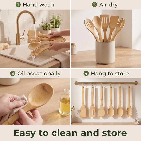 Wooden Spoons for Cooking, 6 Pcs Bamboo Utensil Set – Nonstick Safe7