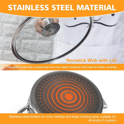 Stainless Steel 7QT Saute Pan 14 Inch Deep Frying Pan with Lid Nonstick,Hybird Induction Cooking Pan,Pfoa Free Cookware,Large Skillets7