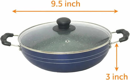 Kadai with Glass Lid All Purpose Pan Nonstick Coating Kadhai Deep Stir Fry for Gas and Induction Cooktop Aluminium Skillet Wok (3Mm) 2.2 Ltr Diameter 9.5 Inch3