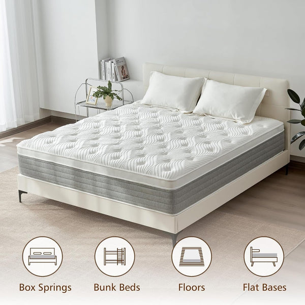 Queen Mattress, 14 Inch Queen Size Hybrid Mattress in a Box with Memory Foam and Individually Pocketed Spring, Motion Isolation, Pressure Relief, Medium Firmness, Certipur-Us Certified6