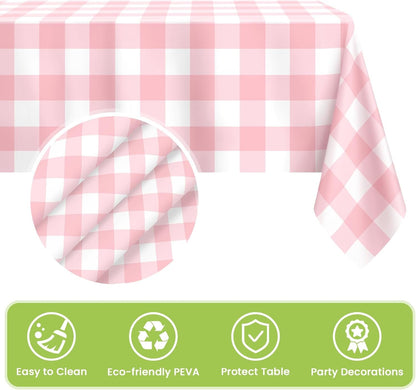 4 Pcs Pink Gingham Tablecloth 54 × 108 Inches Pink and White Checkered Table Cloth Disposable Plastic Waterproof Tablecover for Outdoor Picnic, Birthday Party, Holiday Dinner4