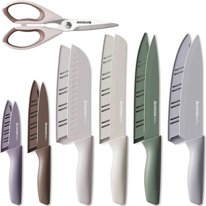 Knife Set, 13 Pieces Kitchen Knives Set with Healthy Anti-Rust Coating, Dishwasher Safe, Stainless Steel Chef Knife Sets with 6 Blade Guards, Fathers Day Gift for Men Morandi1