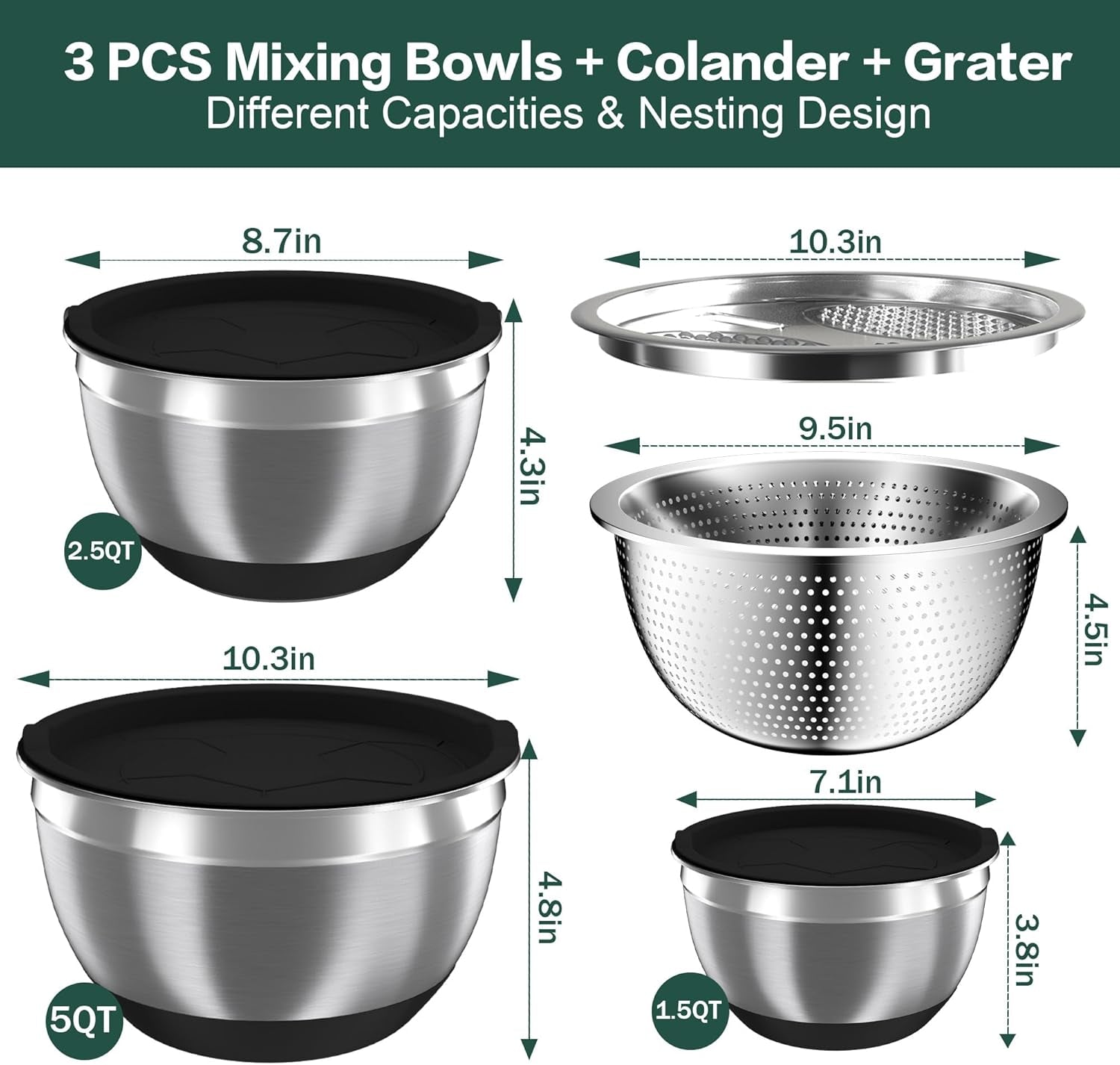 mixing-bowls-with-airtight-lids-stainless-steel-mixing-bowl-set-with-3-nesting-kitchen-metal-bowls-colander-grater-non-slip-bottoms-size-1-5-2-5-5-qt-great-for-mixing-serving-black