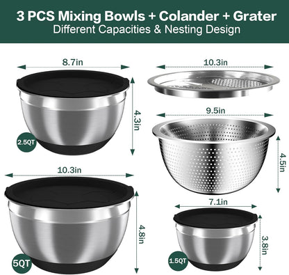 Mixing Bowls with Airtight Lids, Stainless Steel Mixing Bowl Set with 3 Nesting Kitchen Metal Bowls, Colander & Grater, Non-Slip Bottoms, Size 1.5, 2.5, 5 QT, Great for Mixing & Serving, Black7