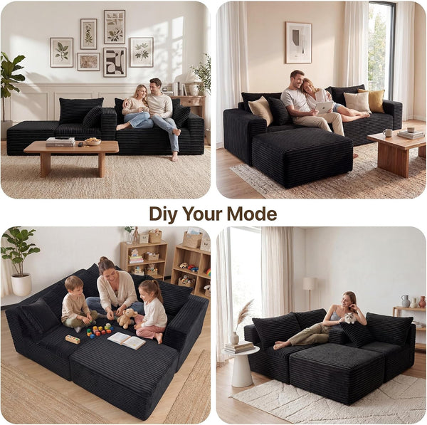 94" Boneless Couch, L-Shape Corduroy Sectional Sofa, Black3