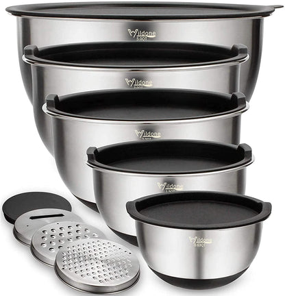 Mixing Bowls with Airtight Lids Set, 5PCS Stainless Steel Nesting Bowls for Kitchen, with Grater Attachments & Non-Slip Bottoms, Size 5, 3, 2, 1.5, 0.63 QT, Great for Mixing & Serving1