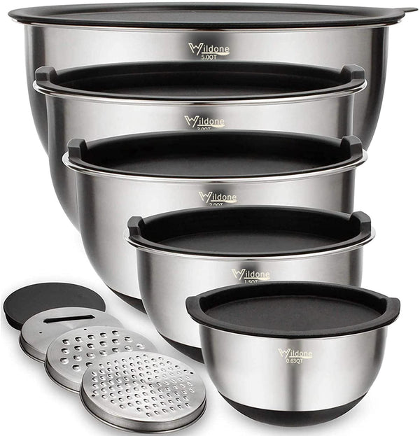 Mixing Bowls with Airtight Lids Set, 5PCS Stainless Steel Nesting Bowls for Kitchen, with Grater Attachments & Non-Slip Bottoms, Size 5, 3, 2, 1.5, 0.63 QT, Great for Mixing & Serving1