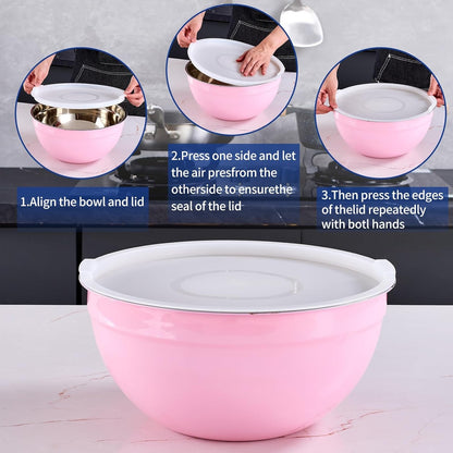 Pink Mixing Bowls with Airtight Lids,Stainless Steel Bowl,Salad Bowls 7 Piece Colorful Nesting Bowl Pink Kitchen Accessories,Size 7,3.6,2.7,2.1,1.5,1.1,0.8QT Stackable Design3