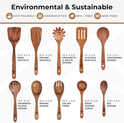 Wooden Spoons for Cooking, 10 Pcs Teak Wood Utensil Set for Nonstick | Durable, Heat Resistant & Food-Safe with Ergonomic Handles –  Kitchen Cookware4