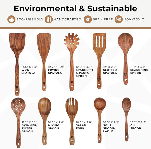 Wooden Spoons for Cooking, 10 Pcs Teak Wood Utensil Set for Nonstick4