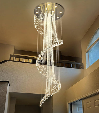 D32'' X H100'' Modern Crystal Chandelier for Foyer Glam Chandelier High Ceiling Chandeliers Large Raindrop Pendant Lights LED Dimmable Light Fixtures for Staircaes Living Room Entryway Silver6