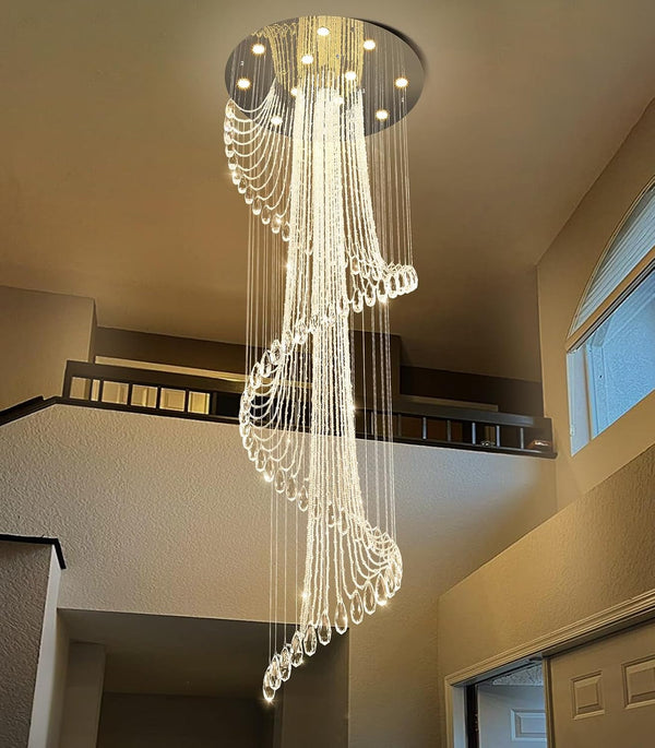 D32'' X H100'' Modern Crystal Chandelier for Foyer Glam Chandelier High Ceiling Chandeliers Large Raindrop Pendant Lights LED Dimmable Light Fixtures for Staircaes Living Room Entryway Silver6