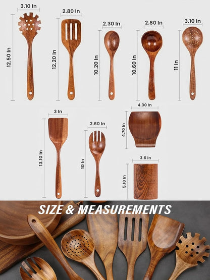 Kitchen Utensils Set, 9 Piece Teak Wooden Utensil Set for Cooking, Premium Teak Cooking Utensils, Non Toxic Wooden Spoons & Spatulas, Heat Resistant Kitchen Tools for Nonstick Cookware4