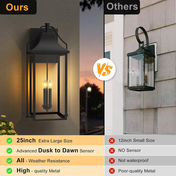 25IN Dusk to Dawn Outdoor Wall Sconce, 3-E12 Base Porch Light3