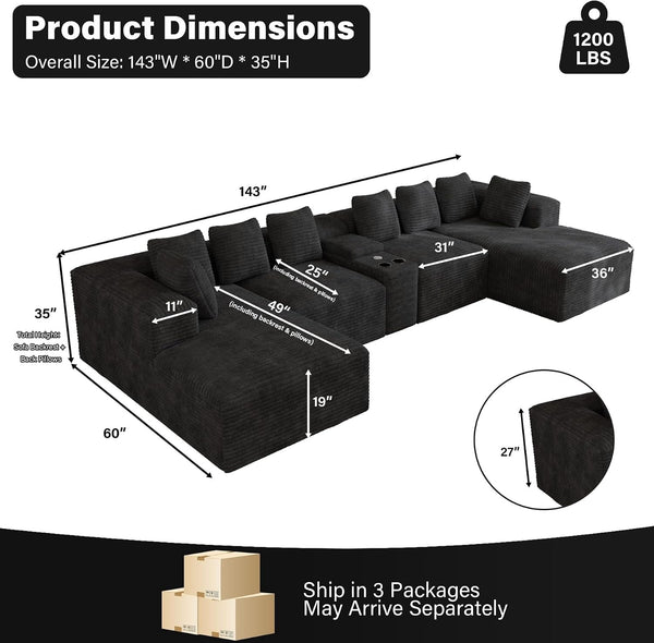 143" Oversized Cloud Sectional Couch for Living Room, Black2