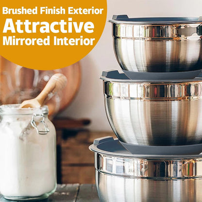 Mixing Bowls with Airtight Lids, 20 Piece Stainless Steel Metal Nesting Bowls, Non-Slip Silicone Bottom, Size 7, 3.5, 2.5, 2.0,1.5, 1,0.67QT Great for Mixing, Baking, Serving (Grey)5