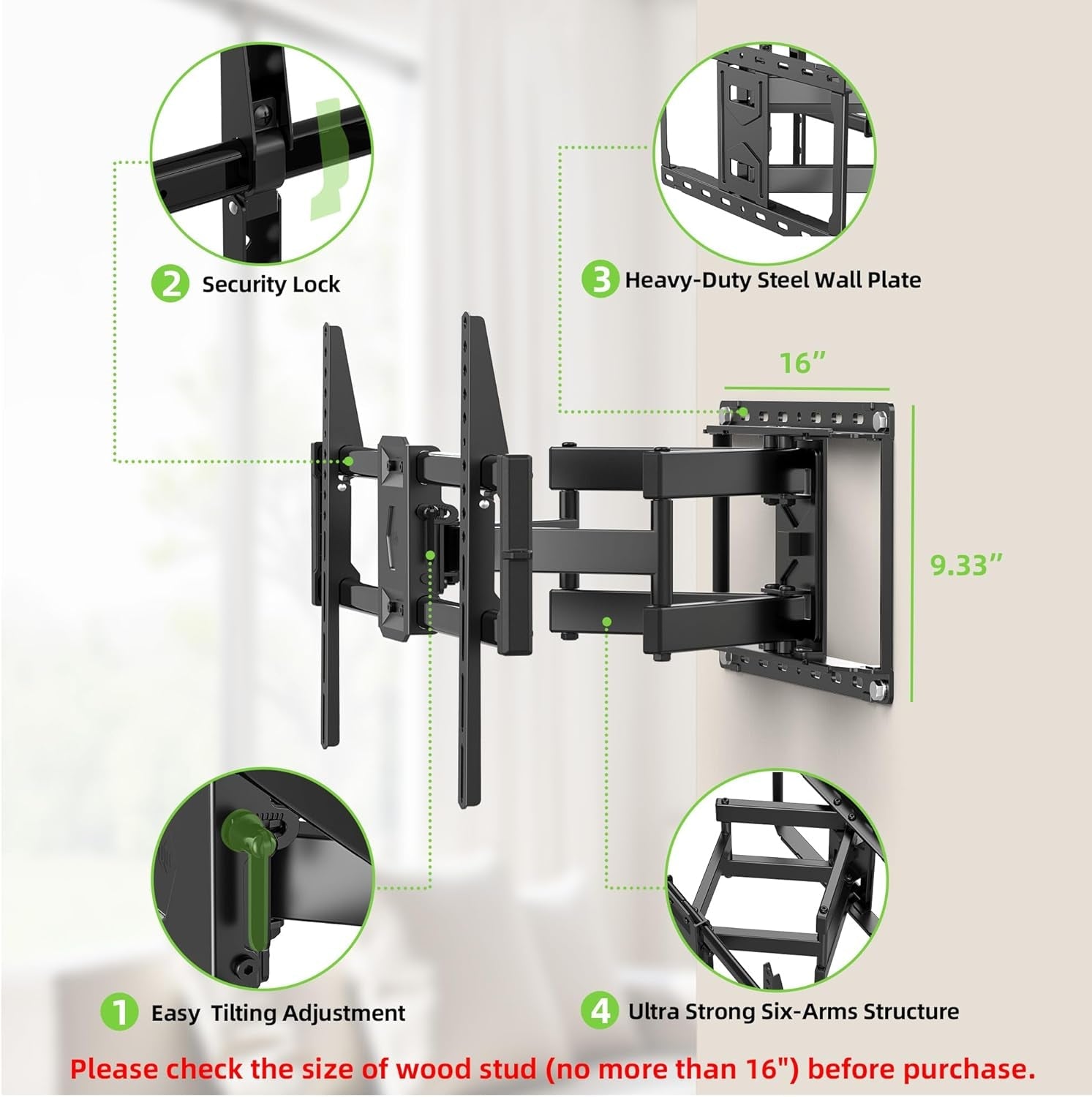 full-motion-tv-wall-mount-for-most-42-90-inch-flat-screen-led-4k-tv-mount-bracket-dual-swivel-articulating-tilt-6-arms-max-16-wood-studs-vesa-600x400mm-holds-up-to-132lbs