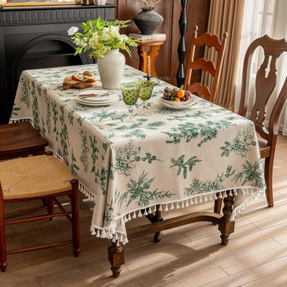 Square Vintage Cotton Linen Tablecloth with Stitching Tassels Washable Fabric Table Cover for Dining Kitchen Tea Party, 60 X 60 Inches, Green Pine Cone5