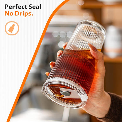 20Oz Iced Coffee Cups with Lids, Glass Coffee Cups with Lids and Straws | Clear Reusable Drinkware, Secure Leak-Resistant Lids, Cup-Holder Friendly, Ideal for Iced Coffee, Tea, Juice and Smoothies5