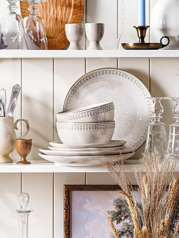 Plates and Bowls Sets for 4, 12 Piece Ceramic Dinnerware Sets, Kitchen Stoneware Dish Set, Chip Resistant, Microwave & Dishwasher Safe, Beige Wheat (8"&10" Plate, 27Oz Bowl)5
