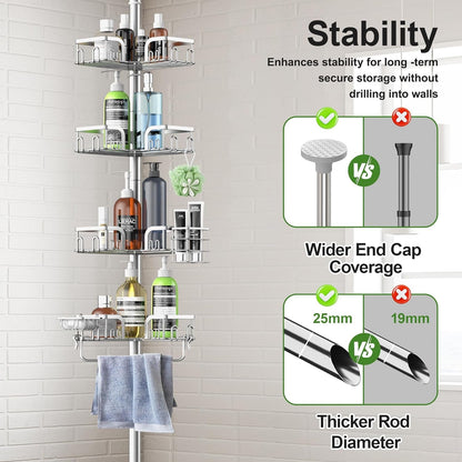 Corner Shower Caddy Tension Pole 4 Tier Adjustable Stainless Steel Shower Shelf for inside Shower Bathtub Shampoo,Standing Bathroom Organizer Shelves with 26 to 120 Inch Height8