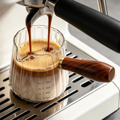 Espresso Measuring Cup, 6Oz Borosilicate Glass Espresso Cups with Wood Handle (2.71In Long Grip), V-Shaped Spout Ribbed Milk Frothing Cup for Coffee, Latte, Tea, Syrup – Espresso Accessories1
