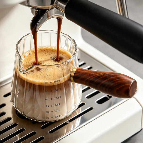 Espresso Measuring Cup, 6Oz Borosilicate Glass Espresso Cups with Wood Handle (2.71In Long Grip), V-Shaped Spout Ribbed Milk Frothing Cup for Coffee, Latte, Tea, Syrup – Espresso Accessories1