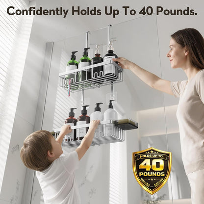Over the Door Shower Caddy Hanging with Double Soap Holder Never Rust Aluminum Shower Shelf with 4 Hooks Hanging Bathroom Organizer No Drilling Shelves for Bathroom Storage Silver5