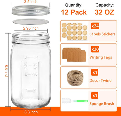 Wide Mouth Mason Jars with Lids 32 Oz, 12 Pack Quart Canning Jars | Clear Glass Mason Jars with Lids and Bands for Preserving, Canning, Meal Prep, Pickling2