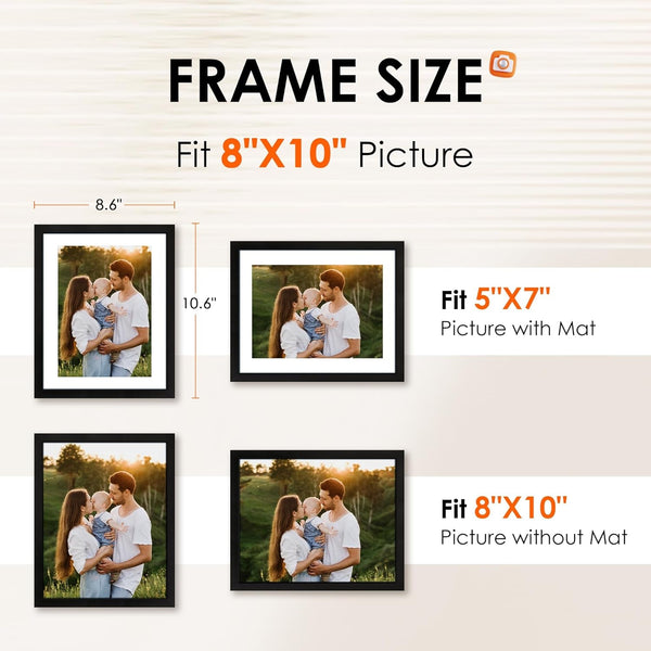 8X10 Picture Frame Set of 2, Photo Frame with HD Plexiglass, Display Pictures 5X7 with Mat or 8X10 without Mat Multi Picture Frames Collage for Tabletop or Wall Display, Black2