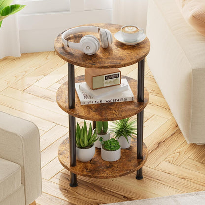 Side Table Living Room, Small round End Table, 3 Tiers Accent Table for Small Spaces, Rustic Brown1