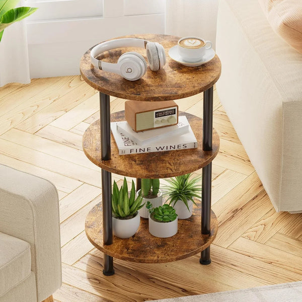 Side Table Living Room, Small round End Table, 3 Tiers Accent Table for Small Spaces, Rustic Brown1
