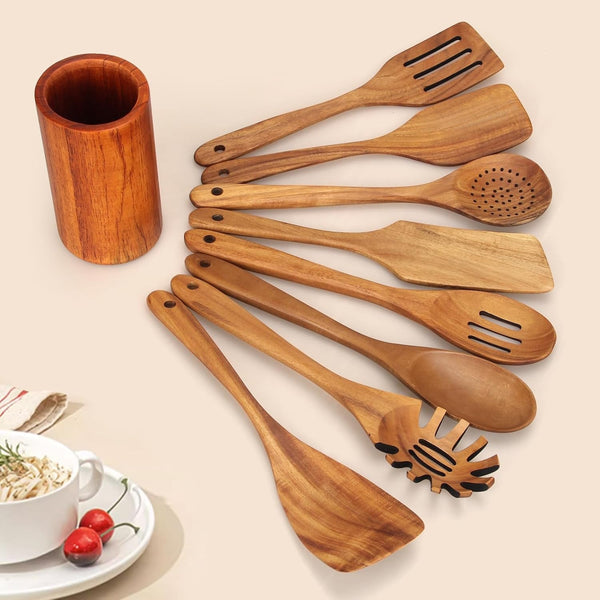 9 Pcs Wooden Kitchen Utensils Set with Holder Cooking Spoons Wood Spatula8
