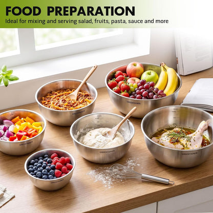 Stainless Steel Mixing Bowls Set of 6, Nesting Bowls with Measurement Markings, 7.6 to 0.8 Qt for Baking, Prepping, Cooking and Serving Food, Large Metal Kitchen Bowls Dishwasher Safe5