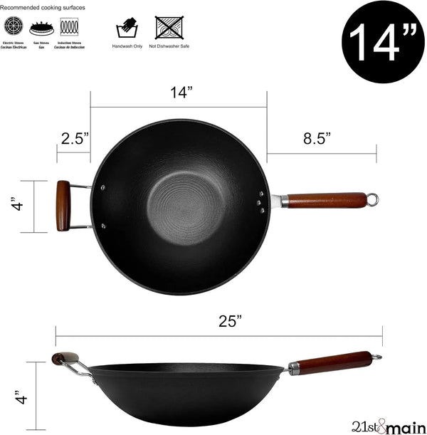 Light Weight Cast Iron Wok, Stir Fry Pan, Wooden Handle, 14 Inch, Chef’S Pan, Pre-Seasoned Nonstick, Commercial and Household, for Chinese Japanese and Others Cooking2
