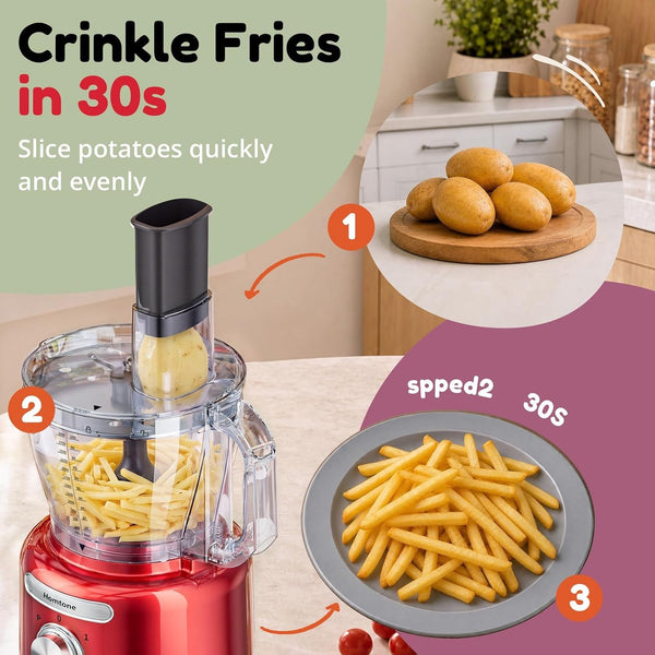 16 Cups Food Processor, Large Food Chopper with French Fry Cutter, 9 Functions 7 Blades for Shredding, Slicing, Doughing for Home Use, 3 Speeds, 600W (Bright Metallic Red, 16 Cup)9