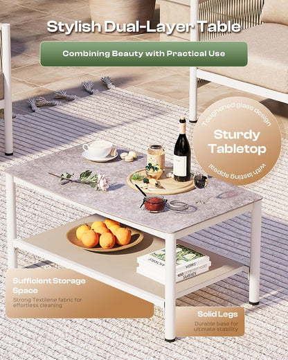 Aluminum Outdoor Patio Furniture Set with Dual-Layer Coffee Table, 4 Piece Modern Patio Conversation Sets with PE Rope, Outdoor Sectional Sofa with Thick Cushions for Balcony, Porch, Ivory6