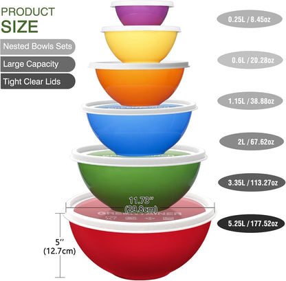 Plastic Mixing Bowls with Lids Set for Kitchen, 6 Set Nesting Bowls for Mixing, Baking, Prepping, Cooking and Serving Food, Mixing Bowls Dishwasher, Microwave Safe5