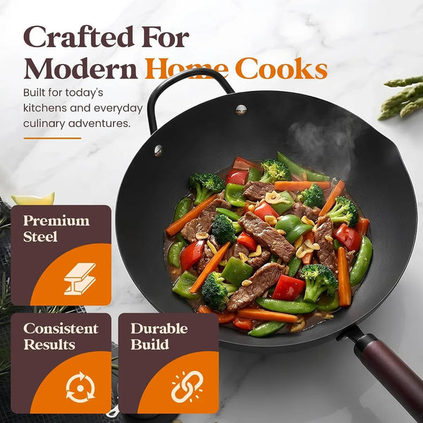 Carbon Steel Wok with Lid Ceramic Nonstick Flat Bottom Wok Pan Induction Compatible Stir Fry Wok Beech Wood Handle Glass Lid Healthy Cooking Wok for Gas Electric Ceramic Halogen Cooktops3