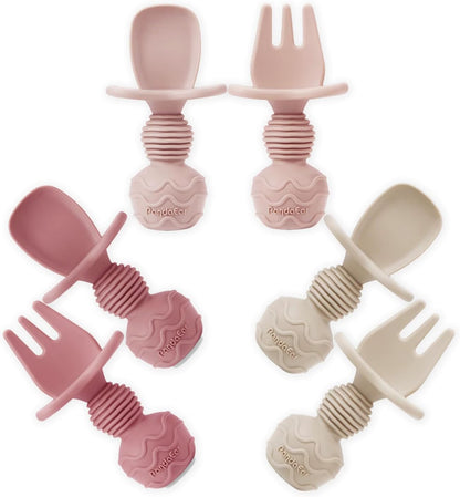 6 Pack Silicone Baby Spoons and Fork Feeding Set- Anti-Choke First Self Feeding Utensils for Baby Led Weaning Ages 3 Months -Pink1