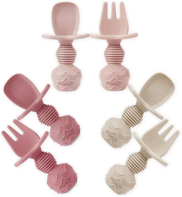 6 Pack Silicone Baby Spoons and Fork Feeding Set- Anti-Choke First Self Feeding Utensils for Baby Led Weaning Ages 3 Months -Pink1
