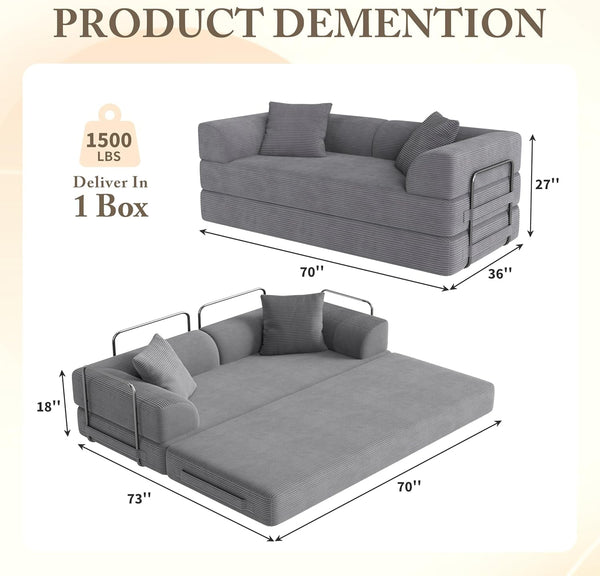 Cloud Boneless Couch Futon Sofa Bed, 5-In-1 Convertible Sofa Bed Pull Out Couch Sleeper Sofa Compressed Loveseat, 70" High-Density Sponge & Corduroy Fabric Futon Daybed for Living Room Bedroom (Gray)2