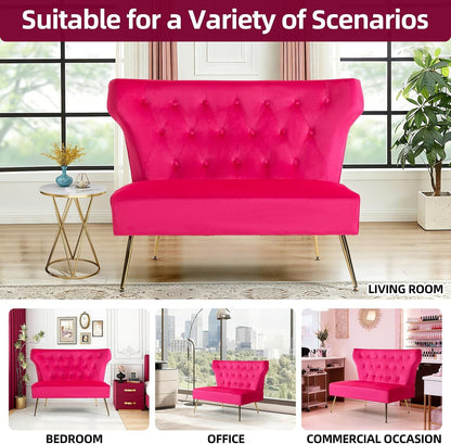 Small Velvet Sofa, Soft Upholstered 40’’ Armless Loveseat Couch with High Density Foam, Modern Tufted Cushion with Gold Legs for Bedroom, Dorm, Apartment, Girls, Teens, Easy Assembly,Fuchsia5