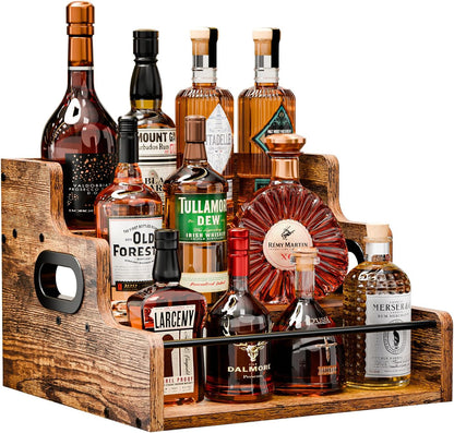 Liquor Bottle Display Shelf, Coffee Syrup Rack Organizer, 3 Step Countertop Liquor Wine Rack, Mini Bar,Liquor Cabinet, Home Retro Bar Shelf Stand for Liquor Whiskey, Spirits1