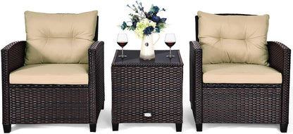 3 Pieces Patio Furniture Set, PE Rattan Wicker 3 Pcs Outdoor Sofa Set W/Washable Cushion and Tempered Glass Tabletop, Conversation Furniture for Garden Poolside Balcony (Beige)9